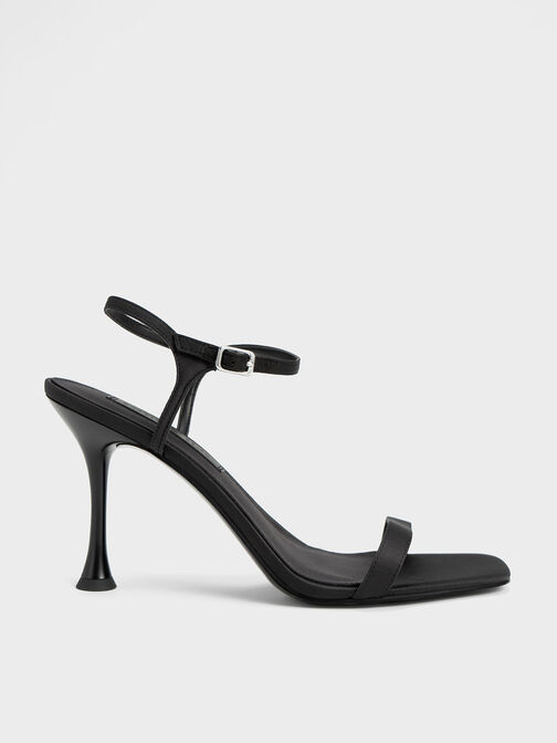 Spool Heel Satin Sandals, Black, hi-res