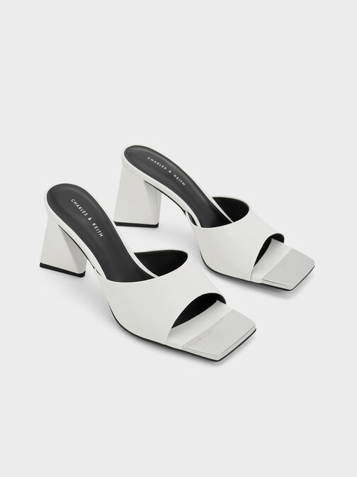 Metallic Cap Sculptural Heel Mules, White, hi-res