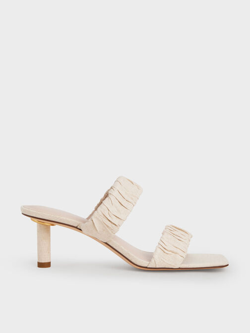 Linen Ruched Heeled Mules, Chalk, hi-res