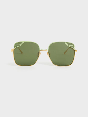 Wavy Wire-Frame Square Sunglasses, Green, hi-res