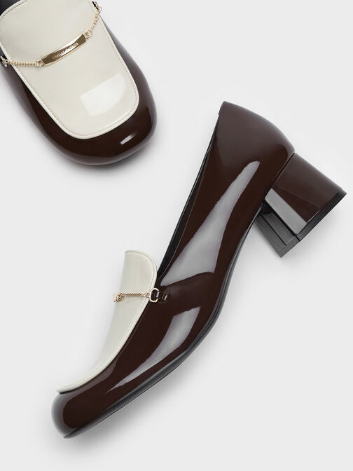 Lexie Chain-Link Two-Tone Heeled Loafers, Dark Brown, hi-res
