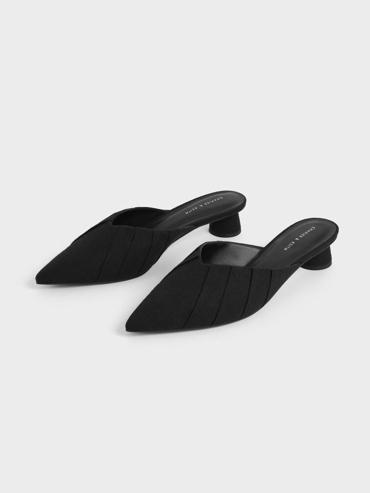 Linen Ruched Cylindrical Heel Mules, Black, hi-res
