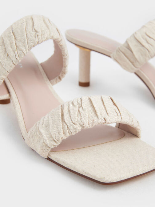 Linen Ruched Heeled Mules, Chalk, hi-res