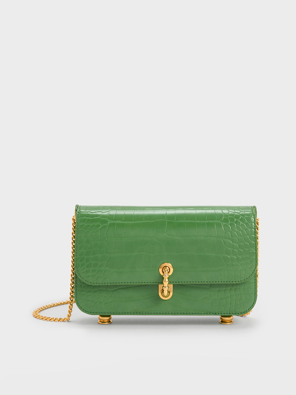 Meriah Croc-Embossed Clutch, Green, hi-res