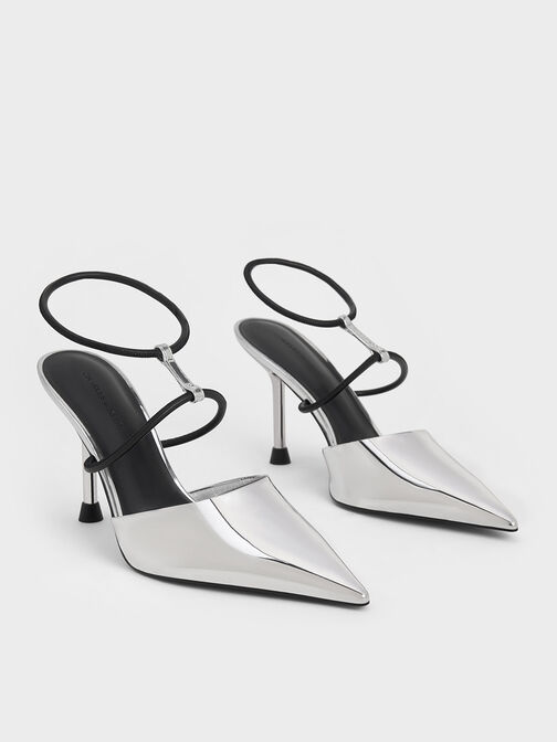 Metallic T-Strap Pointed-Toe Pumps, Silver, hi-res