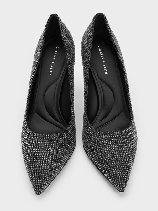 Denim Pointed-Toe Spool-Heel Pumps, Black Textured Denim Pointed-Toe Spool-Heel Pumps, Black Textured, hi-res