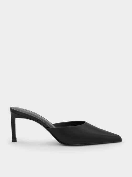 Satin Pointed-Toe Heeled Mules, Black Textured, hi-res