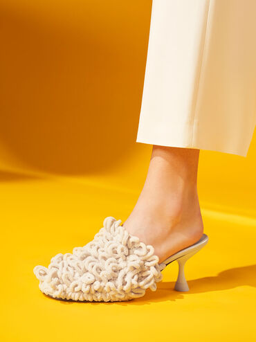 Textured Spool Heel Mules, Chalk, hi-res
