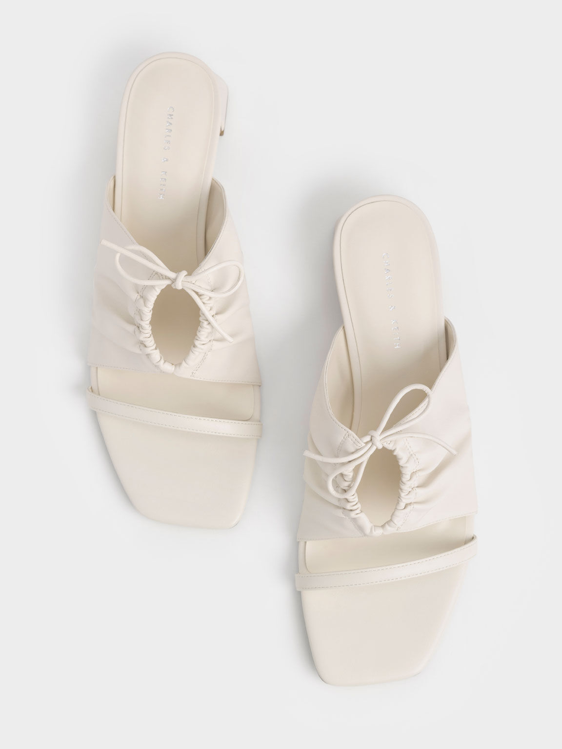 Bow-Tie Ruched Heeled Mules, Cream, hi-res