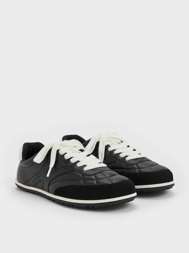 Faux Suede Two-Tone Low-Top Sneakers, Black, hi-res