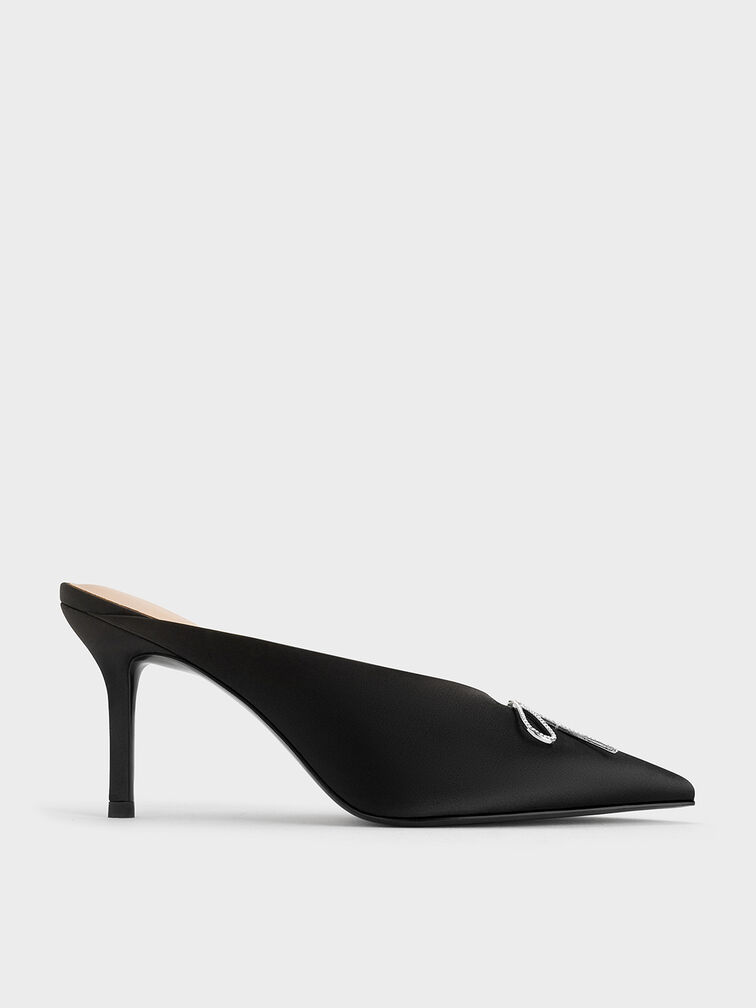 Recycled Polyester Crystal-Bow Pointed-Toe Heeled Mules, Black Textured, hi-res