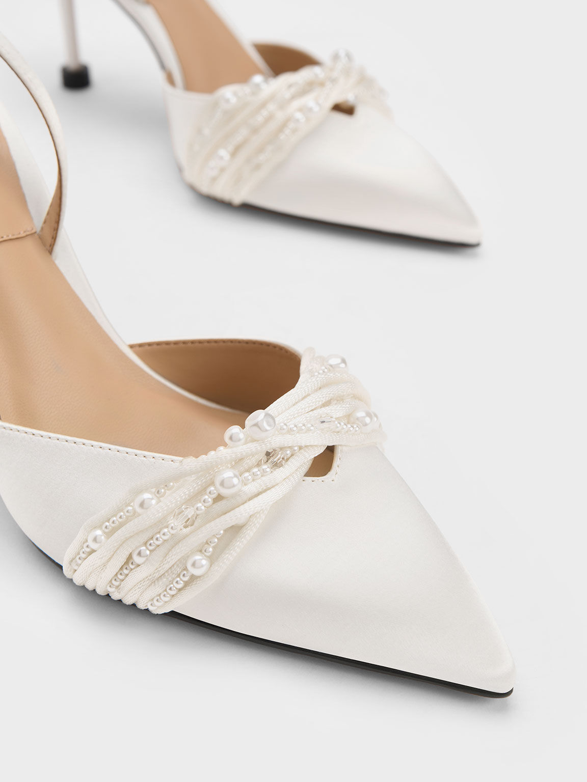 Beaded Satin Ankle-Strap Pumps, White, hi-res