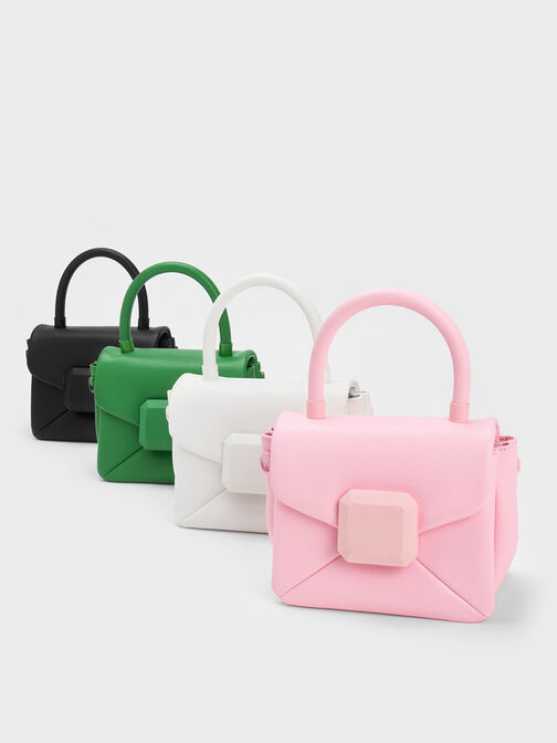 Geometric Push-Lock Top Handle Bag, White, hi-res