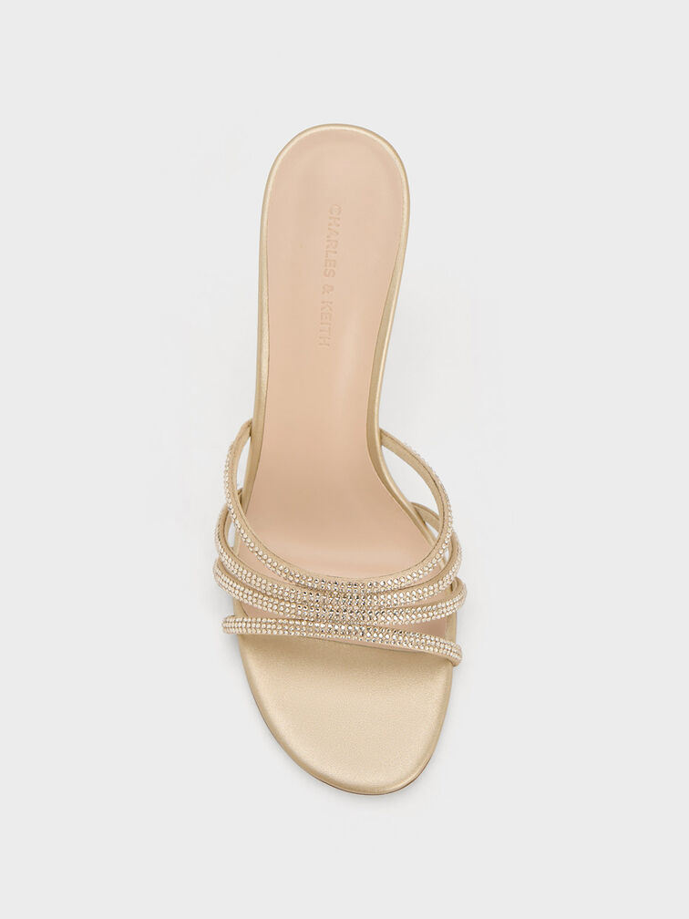 Satin Crystal-Embellished Heeled Mules, Gold, hi-res
