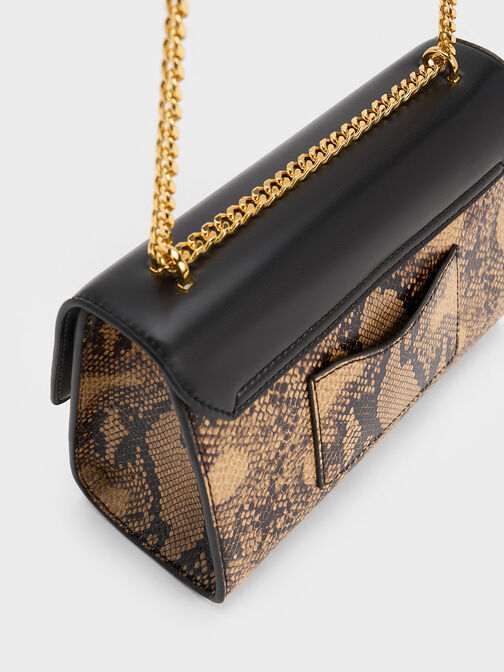 Snake Print Metallic Accent Clutch, Beige, hi-res