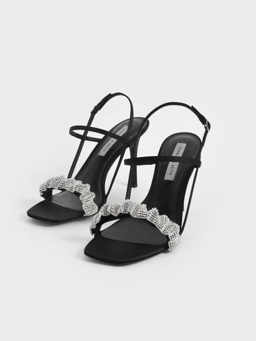 Gem-Embellished Satin Stiletto Sandals, Black, hi-res