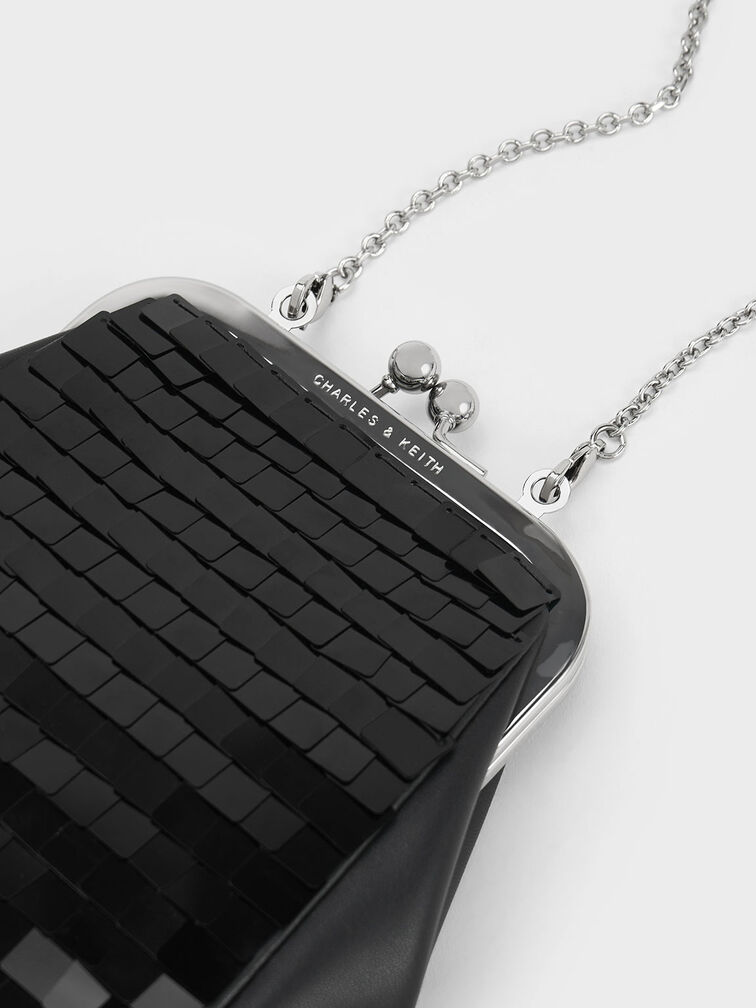 Disc-Embellished Chain Handle Pouch, Black, hi-res
