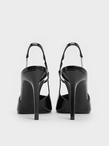 Chain-Strap Pointed-Toe Slingback Pumps, Black Boxed, hi-res