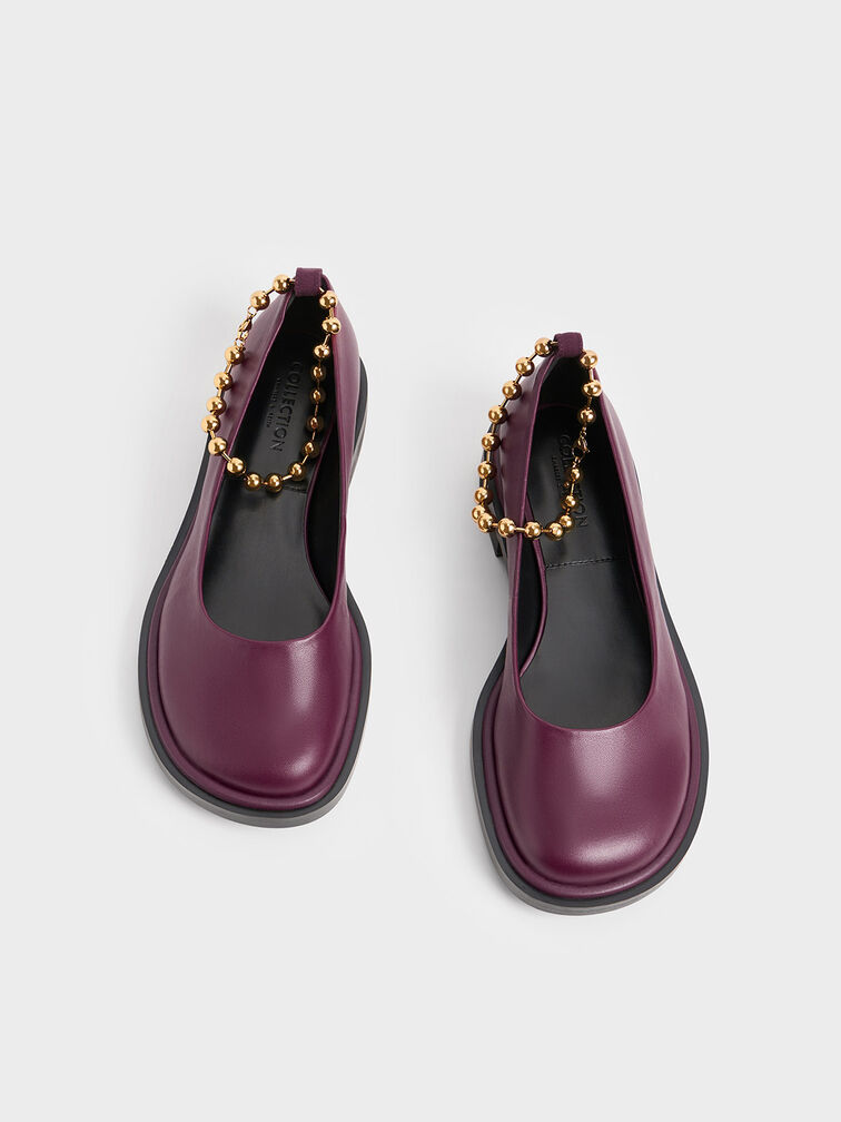 Beaded Ankle-Strap Leather Ballerinas, Prune, hi-res
