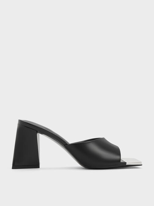 Metallic Cap Sculptural Heel Mules, Black, hi-res