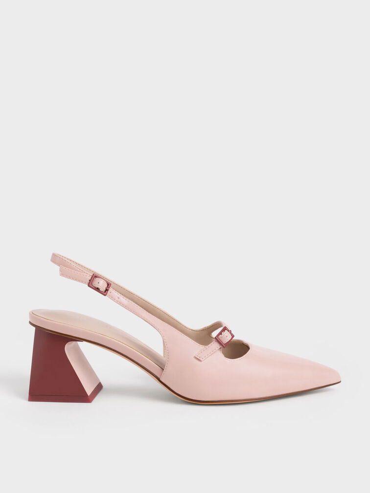 Two-Tone Trapeze Heel Slingback Pumps, Pink, hi-res