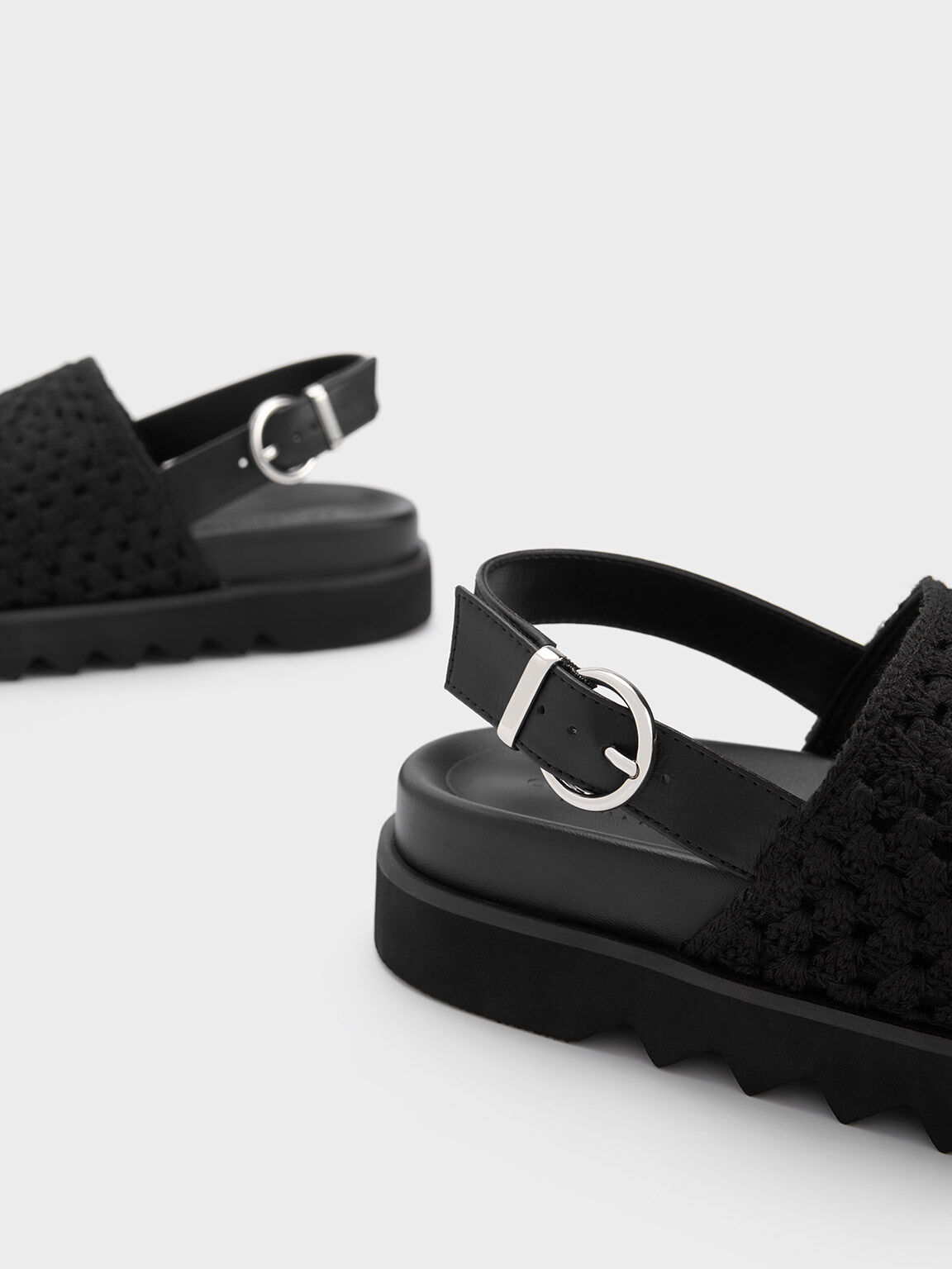 Crochet & Leather Slingback Sandals, Black, hi-res