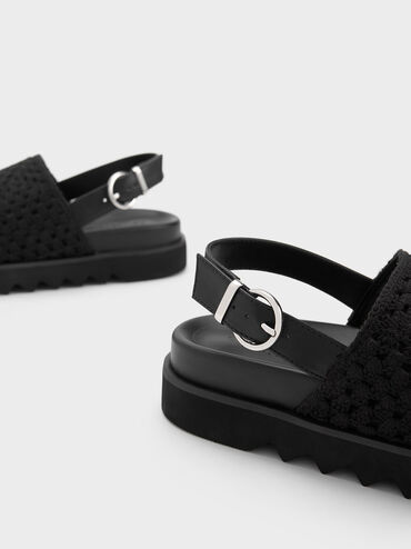 Crochet & Leather Slingback Sandals, Black, hi-res