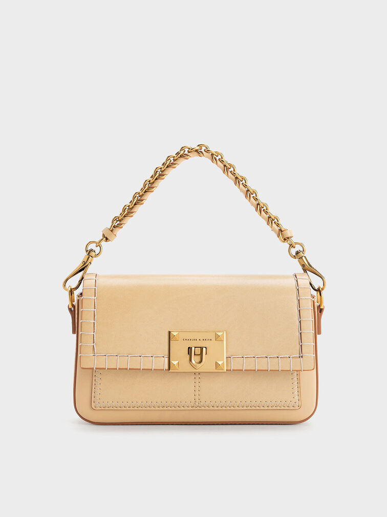 Circe Stitch-Trim Top Handle Bag, Beige, hi-res