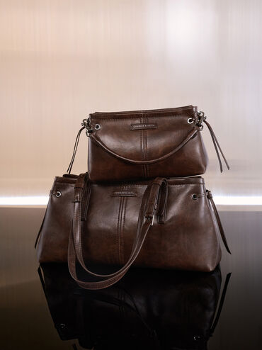 Noane Elongated-Handle Shoulder Bag, Distressed Coffee, hi-res