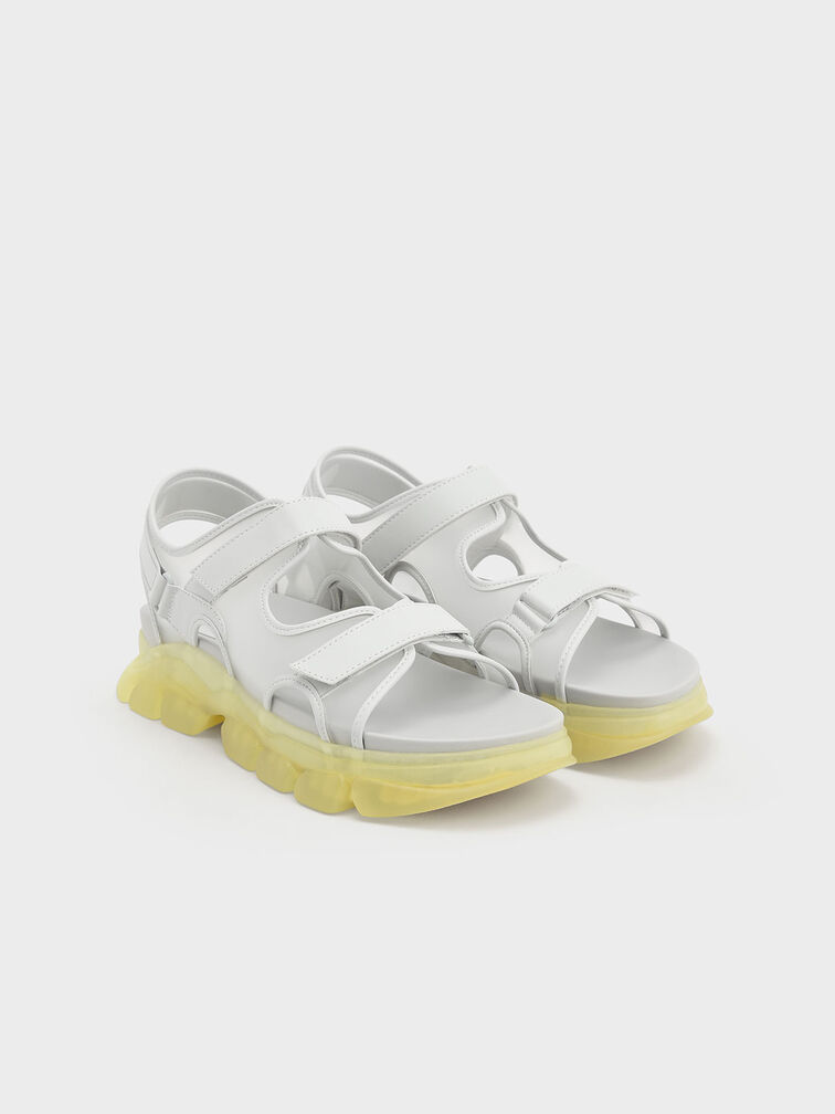 Coloured Translucent-Sole Chunky Sport Sandals, Yellow, hi-res