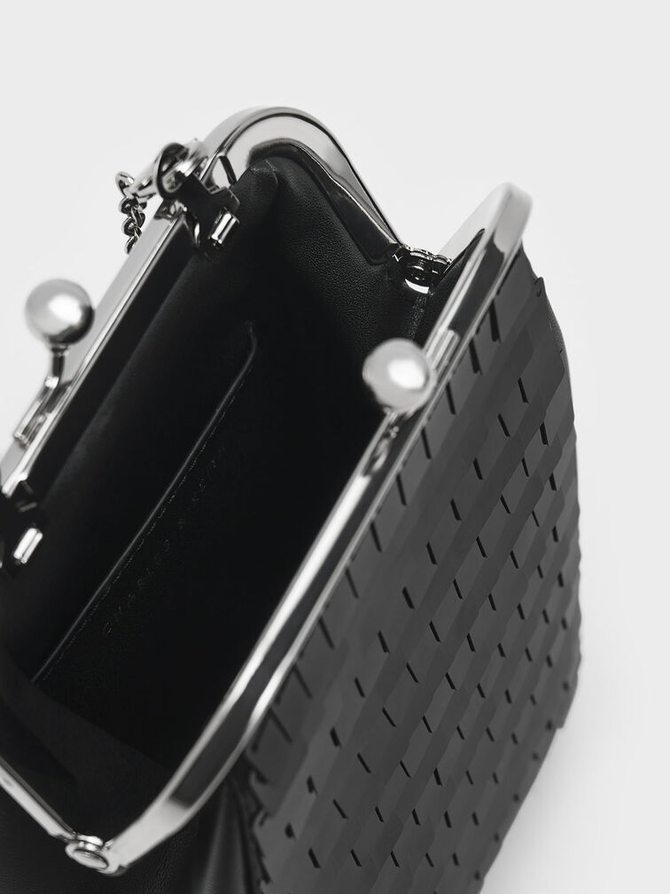 Disc-Embellished Chain Handle Pouch, Black, hi-res