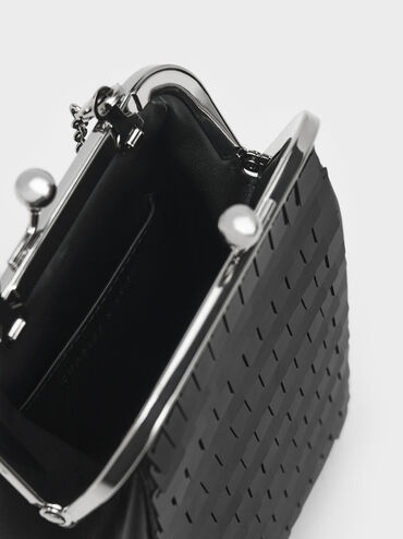Disc-Embellished Chain Handle Pouch, Black, hi-res