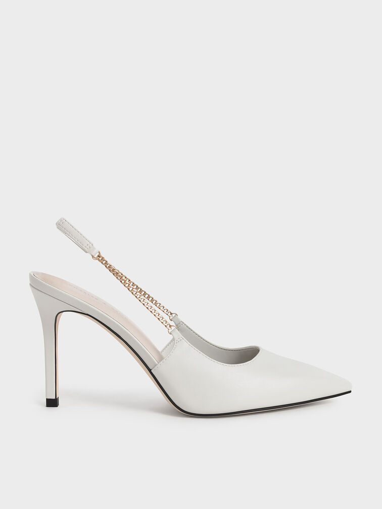Chain-Link Slingback Stiletto Pumps, Chalk, hi-res