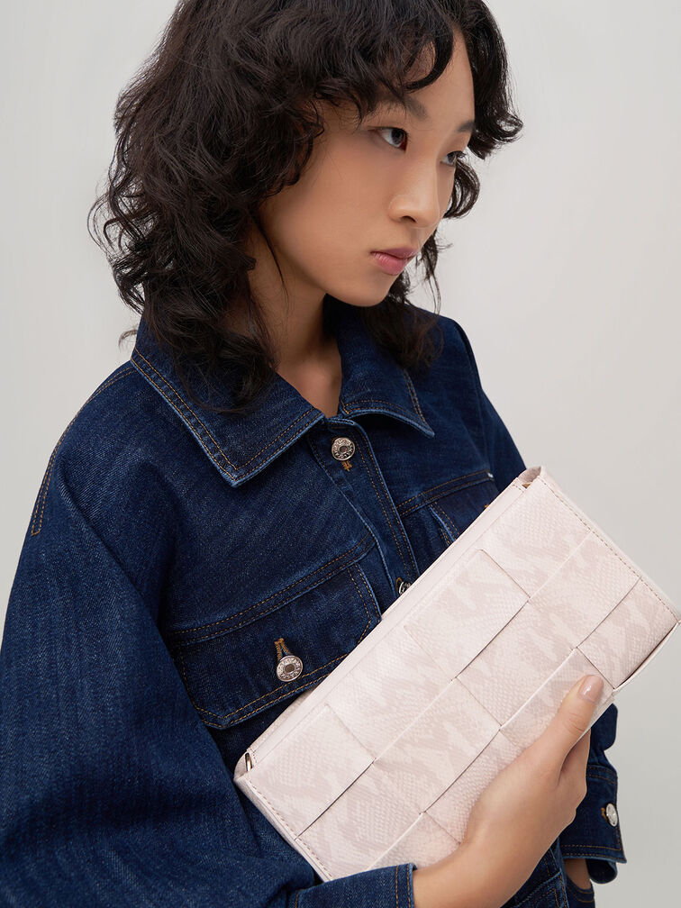 Snake-Print Woven Chain-Handle Bag, Chalk, hi-res