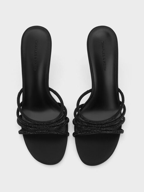 حذاء ميول بكعب عال مزين بالكريستال والساتان, أسود, hi-res