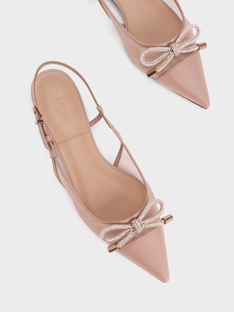 Embellished-Bow Mesh Slingback Ballerinas, Nude, hi-res