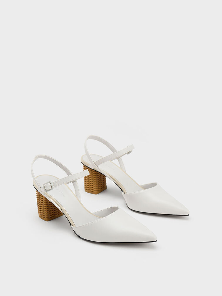 Rattan Block Heel Pumps, White, hi-res