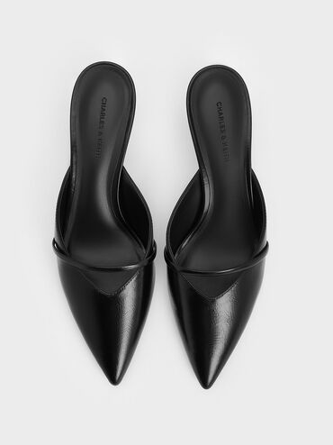 Crinkle-Effect Sculptural-Heel Pointed-Toe Mules, Black, hi-res