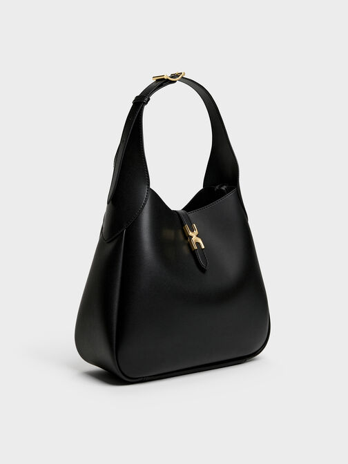 Adalyn Metallic-Buckle Belted Hobo Bag, Black, hi-res