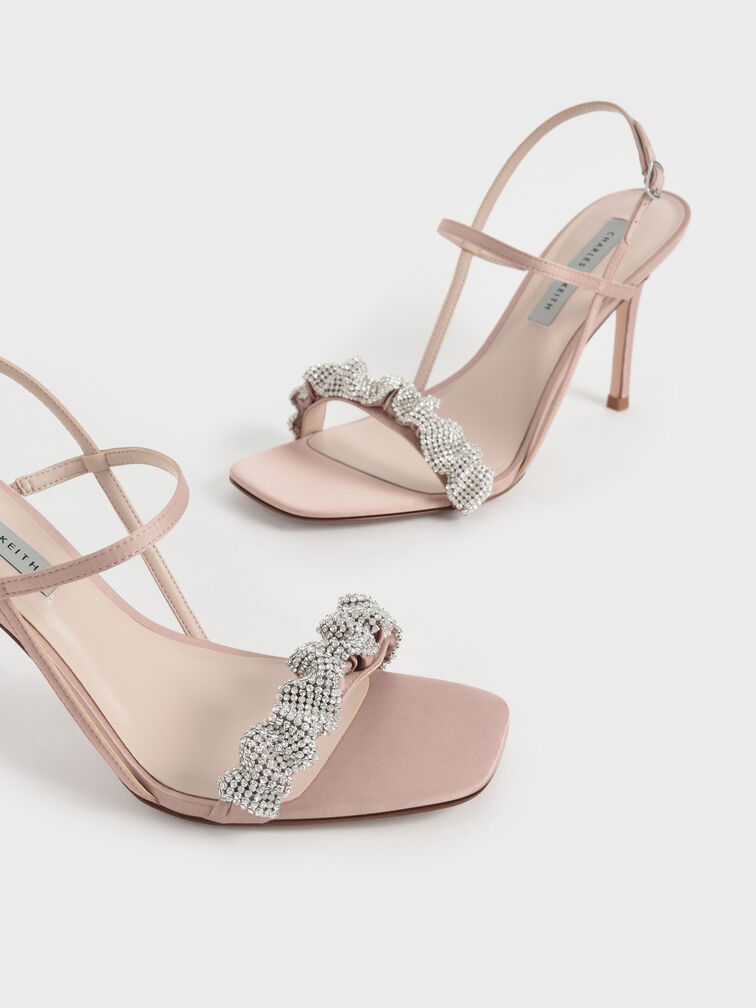 Gem-Embellished Satin Stiletto Sandals, Blush, hi-res