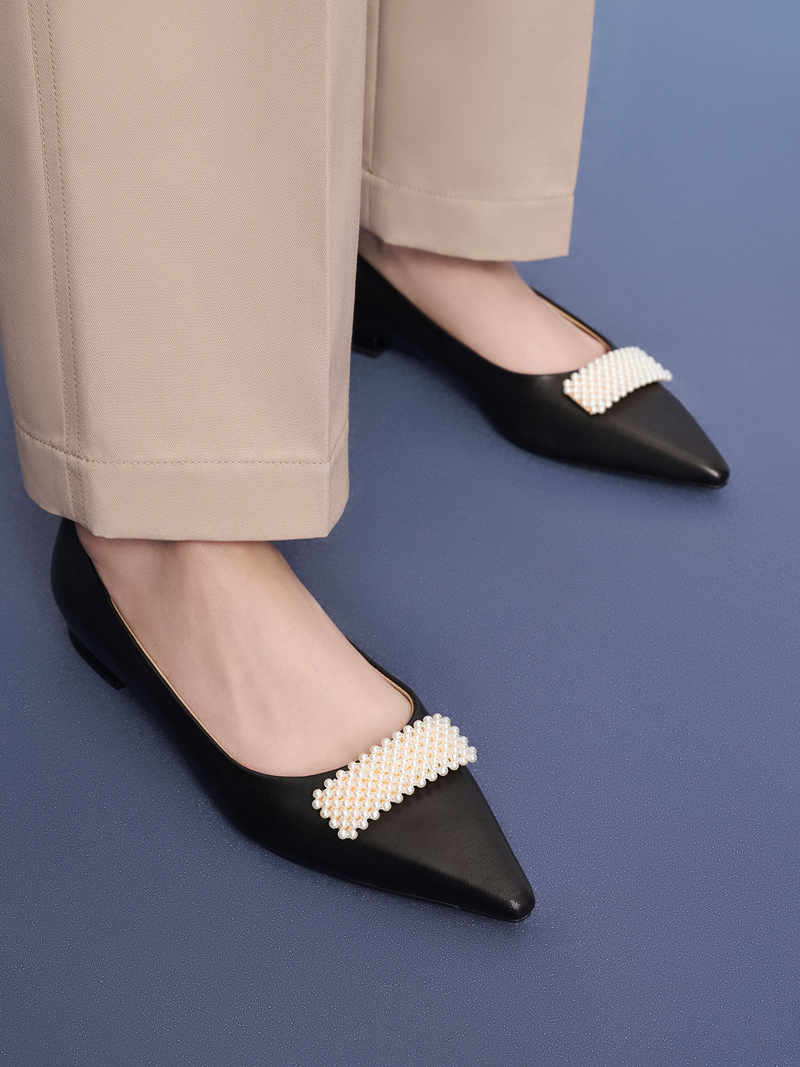Leather Pointed-Toe Beaded Ballerinas, Black, hi-res