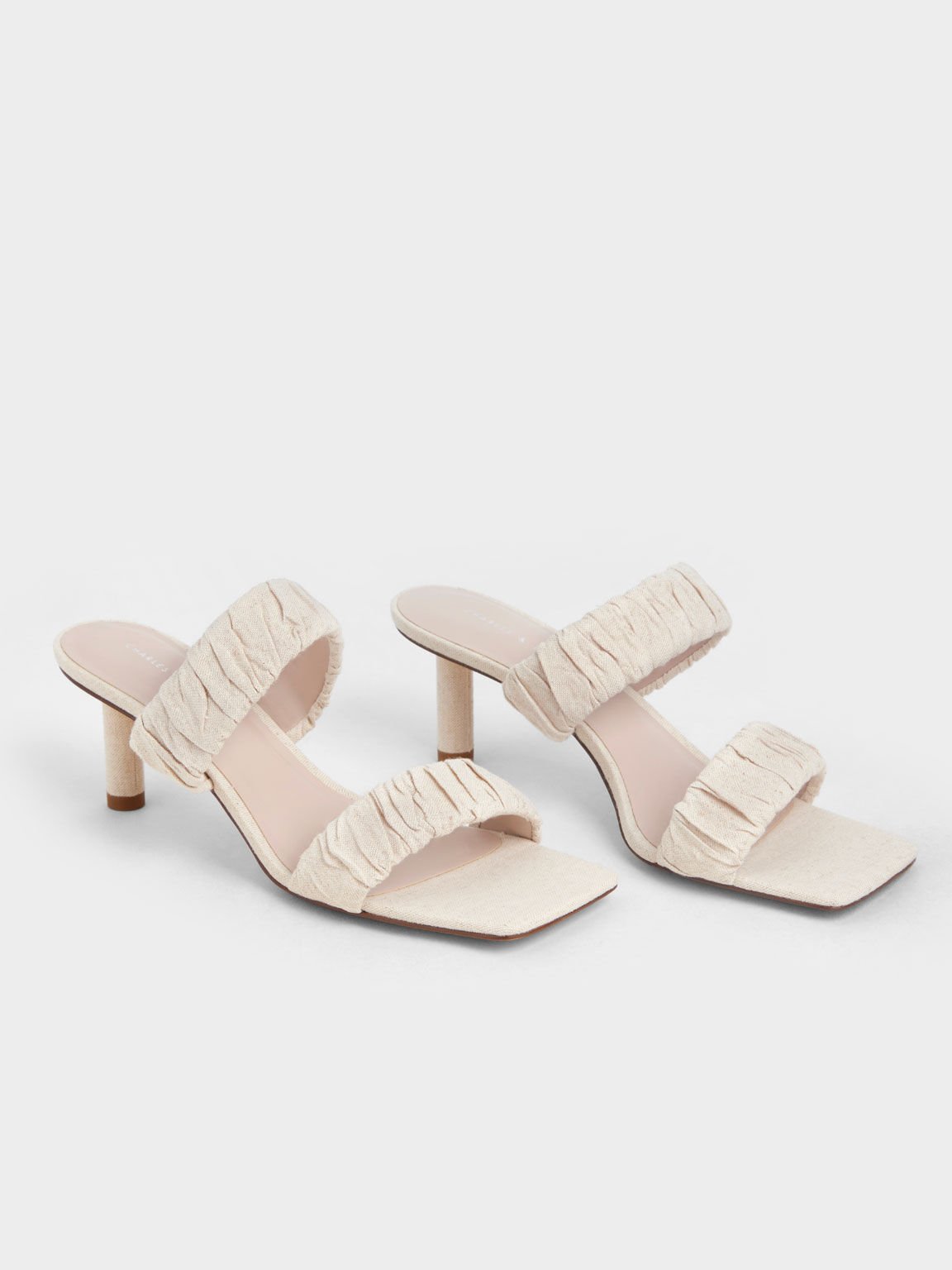Linen Ruched Heeled Mules, Chalk, hi-res