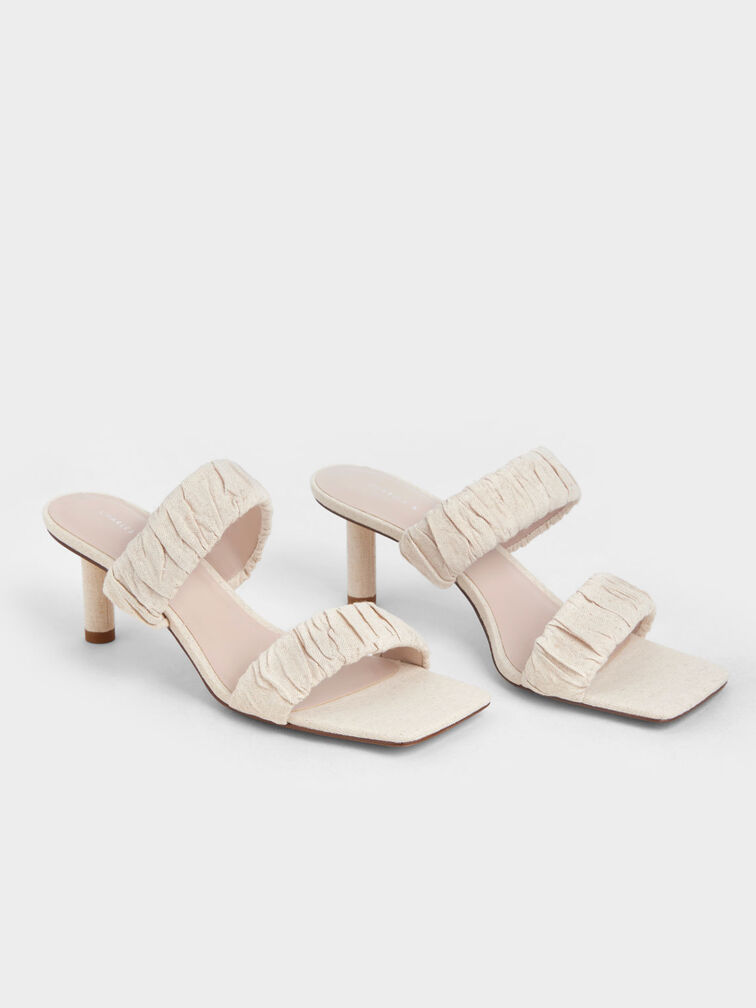 Linen Ruched Heeled Mules, Chalk, hi-res