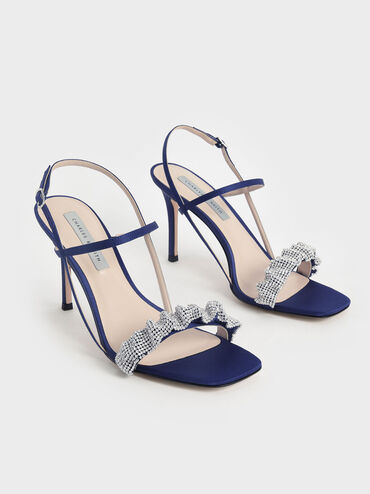 Gem-Embellished Satin Stiletto Sandals, Dark Blue, hi-res