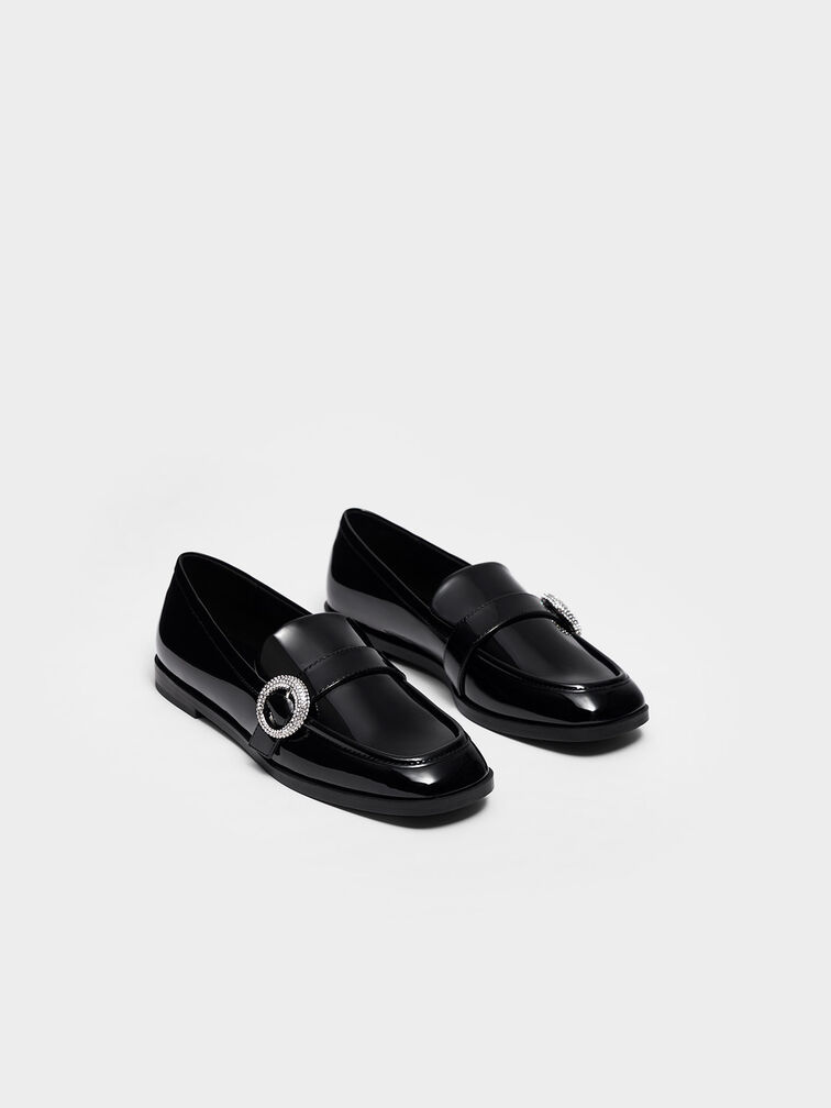 Patent Crystal-Embellished Buckle Loafers, Black Patent, hi-res