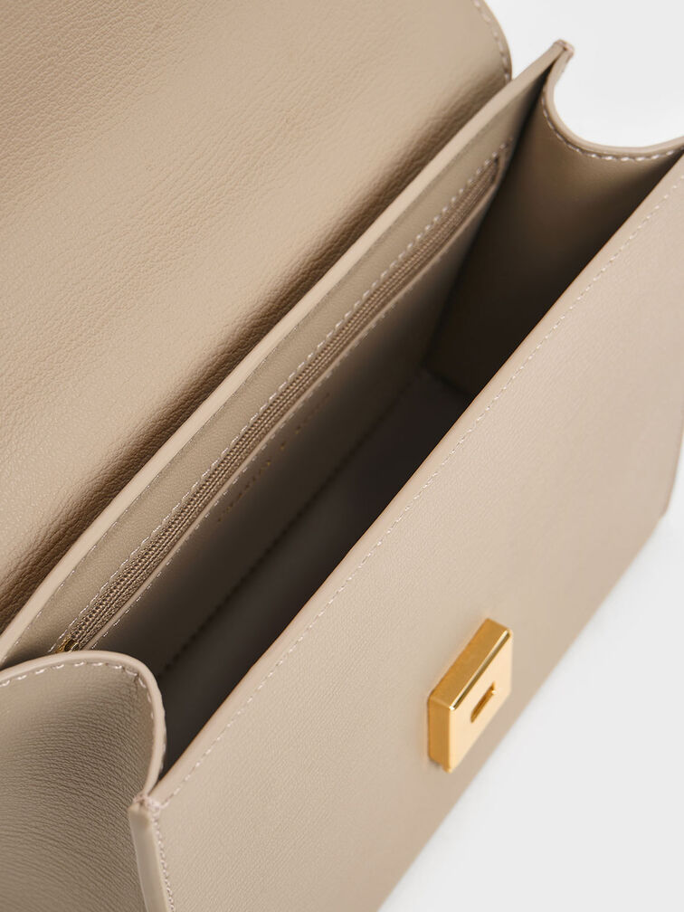 Front Flap Chain Handle Crossbody Bag, Taupe, hi-res