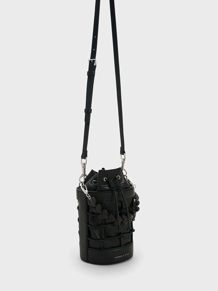 Heart Motif Caged Bucket Bag, Black, hi-res