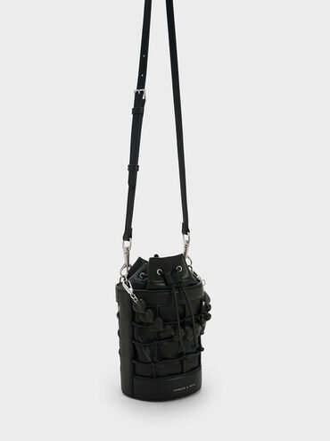 Heart Motif Caged Bucket Bag, Black, hi-res