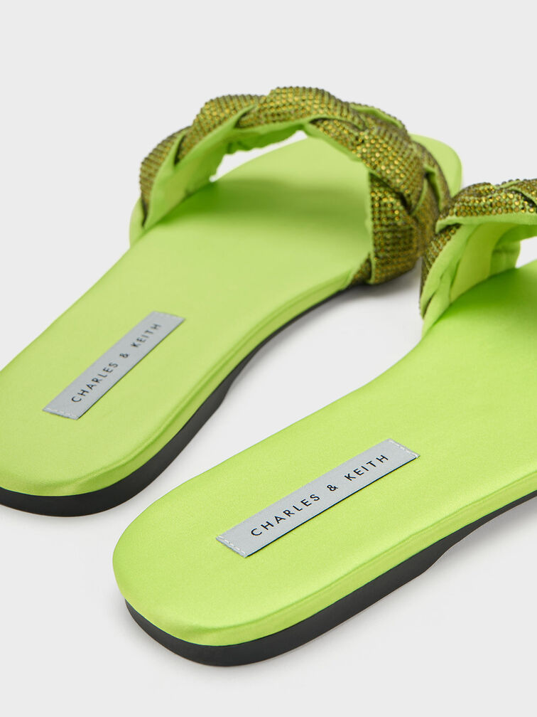Gem-Embellished Braided Strap Slides, Green, hi-res