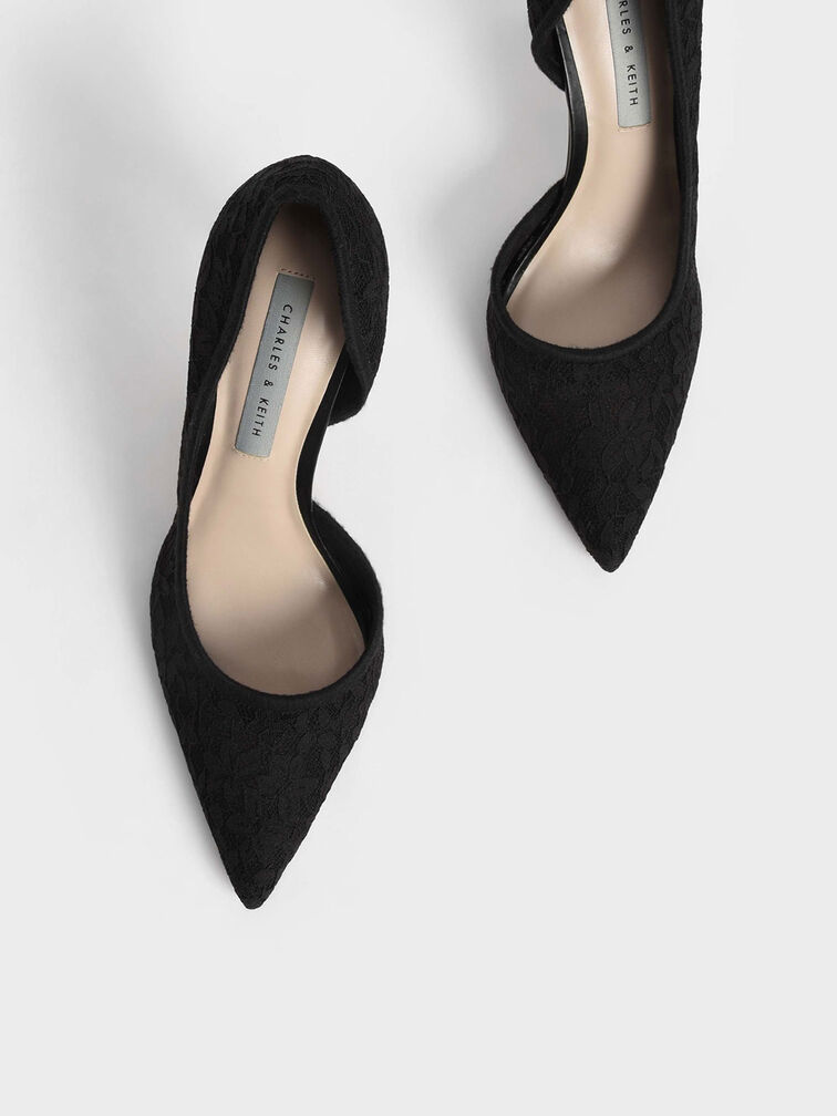 Lace & Mesh Half D'Orsay Stiletto Pumps, Black, hi-res